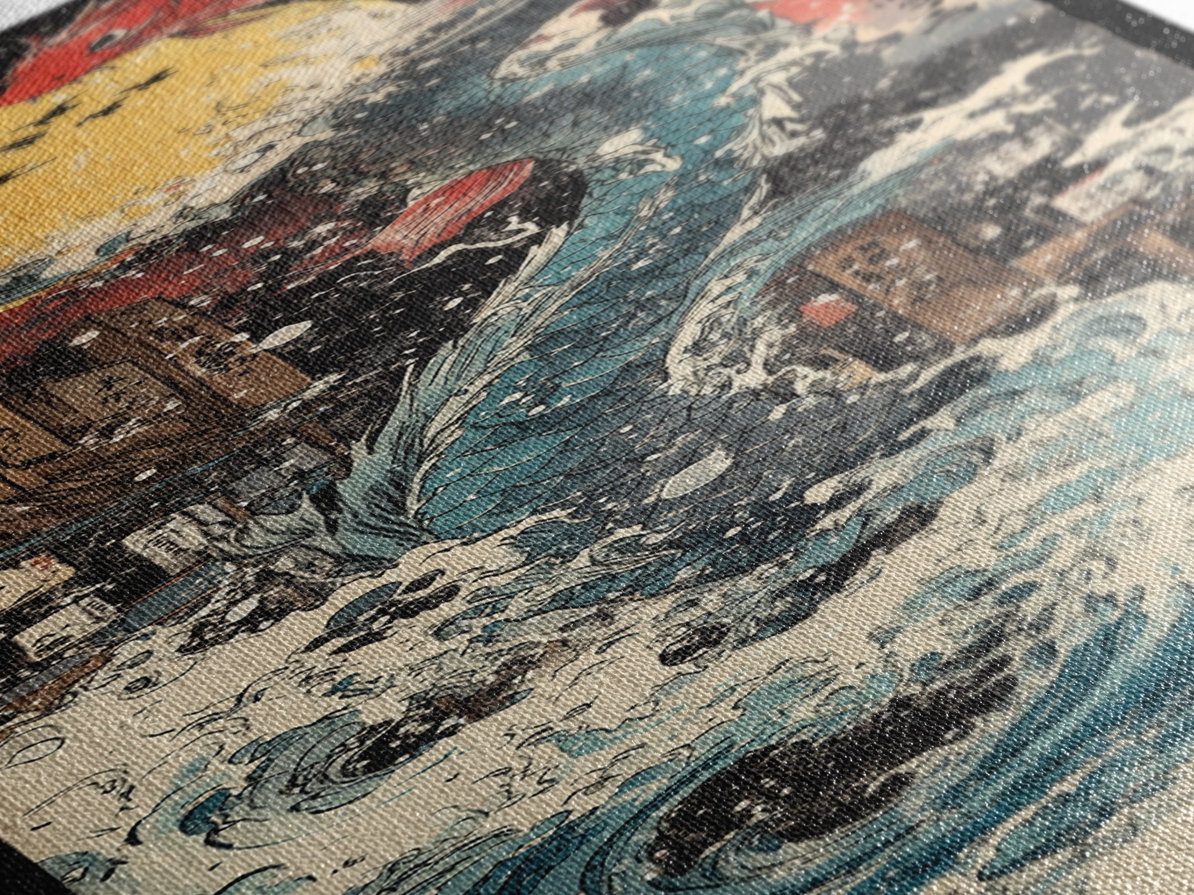 Red Dragon Moon And Crashing Waves Wall Art, Japanese Fantasy Sea Monster Canvas Print, Ukiyo E Ocean Decor Gift For Living Room