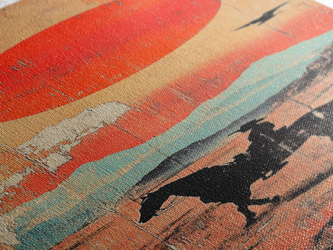 Horse Rider Under Red Sun Wall Art, Western Desert Landscape Canvas Print, Japanese Inspired Southwestern Living Room Home Decor