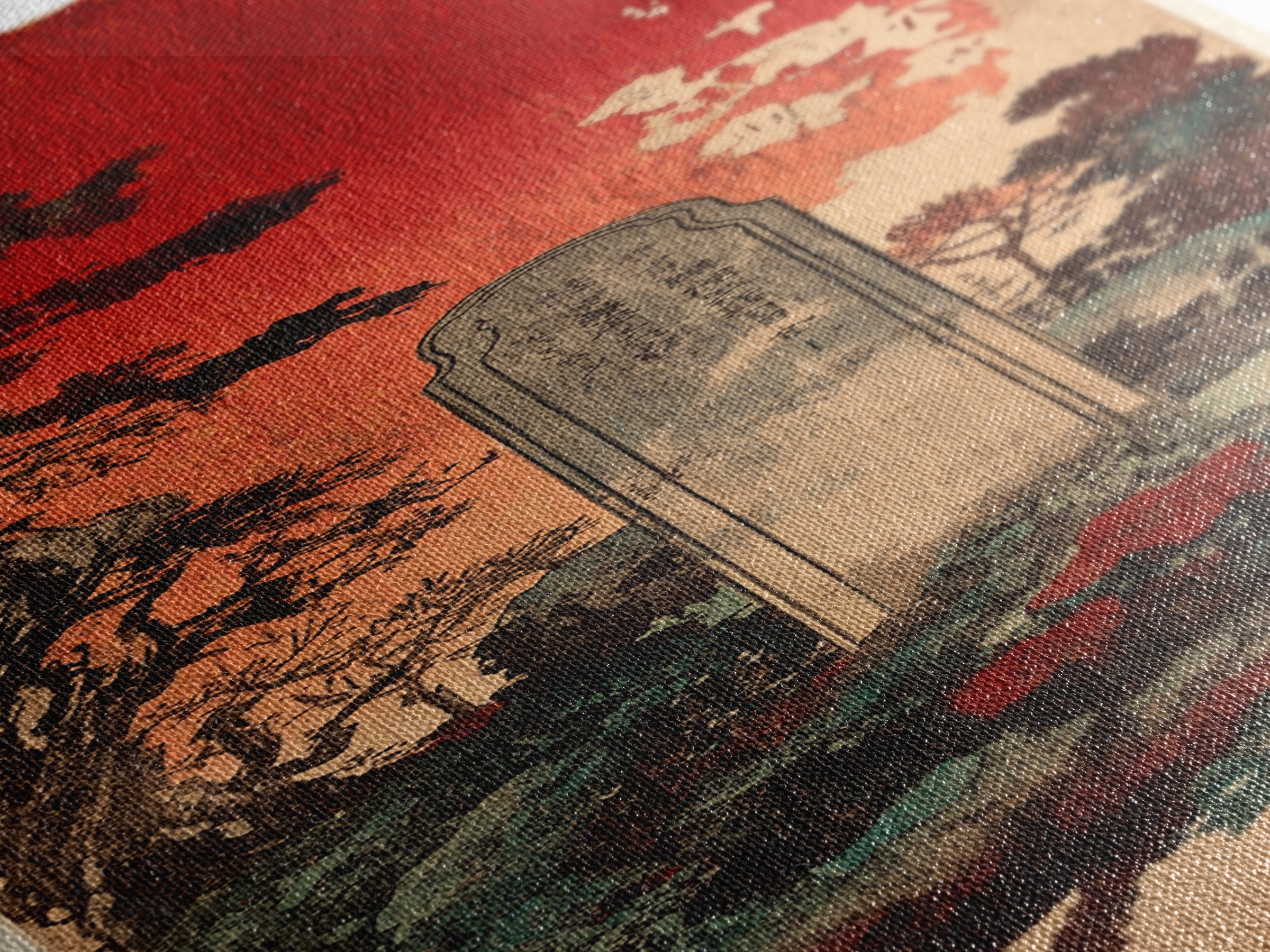 Ancient Stone Grave Under Crimson Sky Canvas Print, Gothic Japanese Wall Art, Dark Academia Decor, Moody Cemetery Artwork