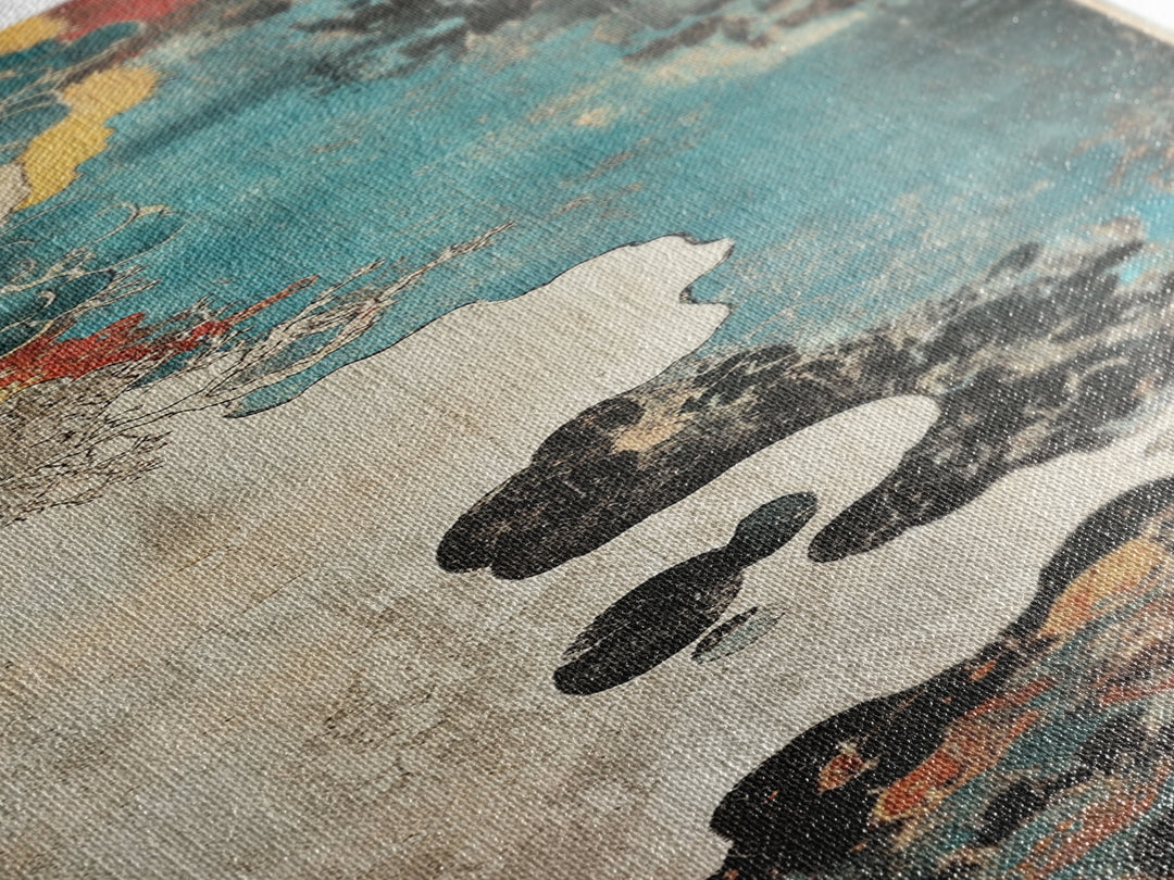 Turquoise Cloudscape With Red Moon Wall Art, Abstract Japanese Canvas Print, Moody Coastal Decor, Teal Black Statement Art