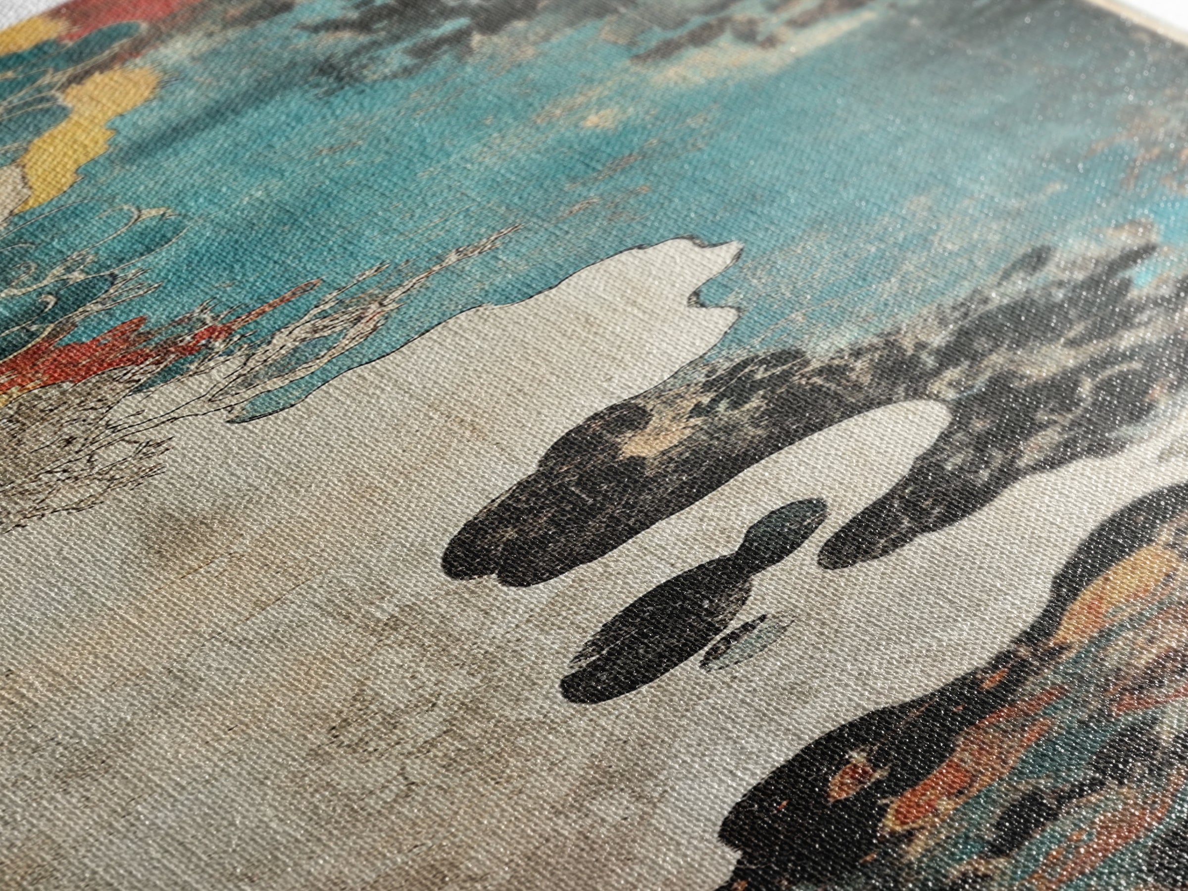 Turquoise Cloudscape With Red Moon Wall Art, Abstract Japanese Canvas Print, Moody Coastal Decor, Teal Black Statement Art