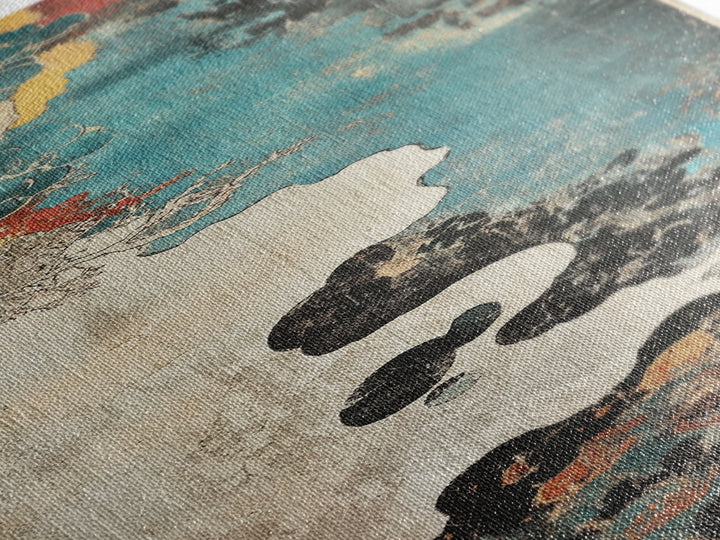 Turquoise Cloudscape With Red Moon Wall Art, Abstract Japanese Canvas Print, Moody Coastal Decor, Teal Black Statement Art