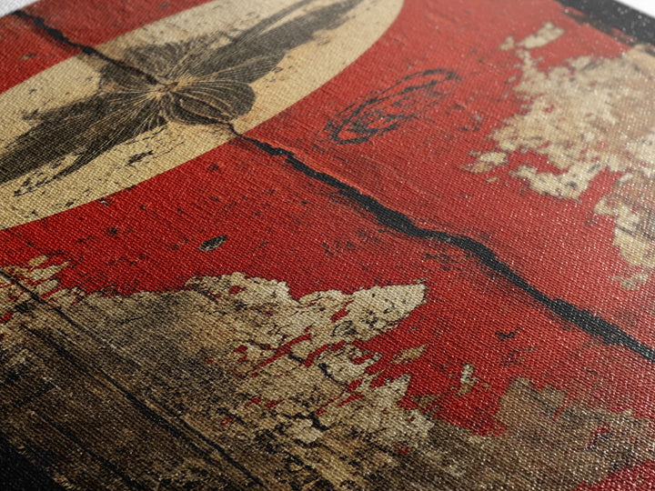 Rustic Red Door With White Sun Wall Art, Weathered Japanese Texture Print, Narrow Vertical Decor, Wabi Sabi Canvas Print