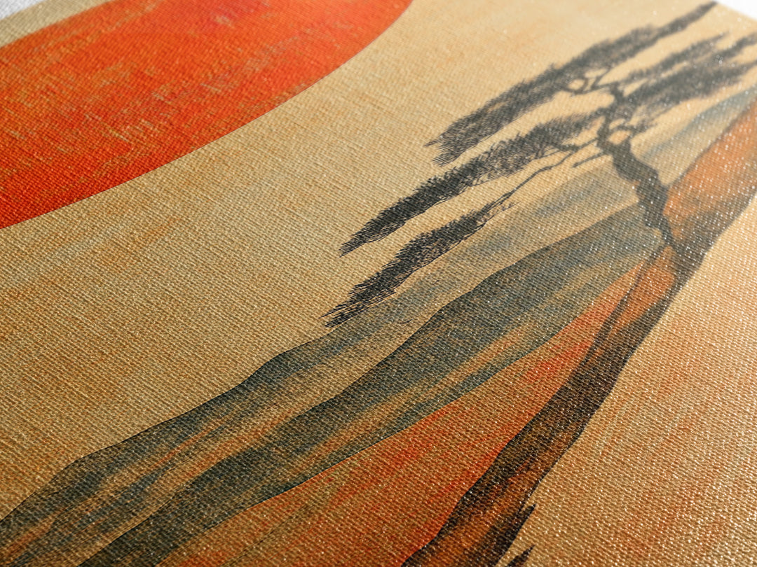 Large Red Sun Over Mountain Ridge Canvas Print, Japanese Landscape Wall Art, Earth Tone Decor, Minimalist Nature Art Print