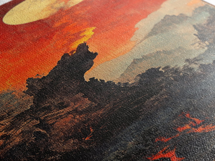 Fiery Moonlit Mountain Landscape Framed Canvas Print, Japanese Fantasy Wall Art, Moody Rustic Decor, Dramatic Nature Art