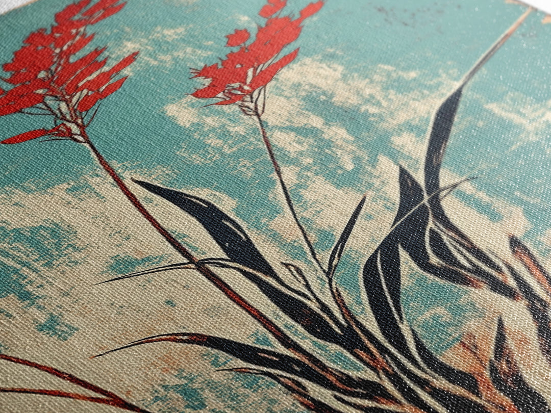 Red Coastal Grass Stems On Aqua Canvas Print, Japanese Botanical Wall Art, Minimalist Nature Decor, Modern Japandi Art Print