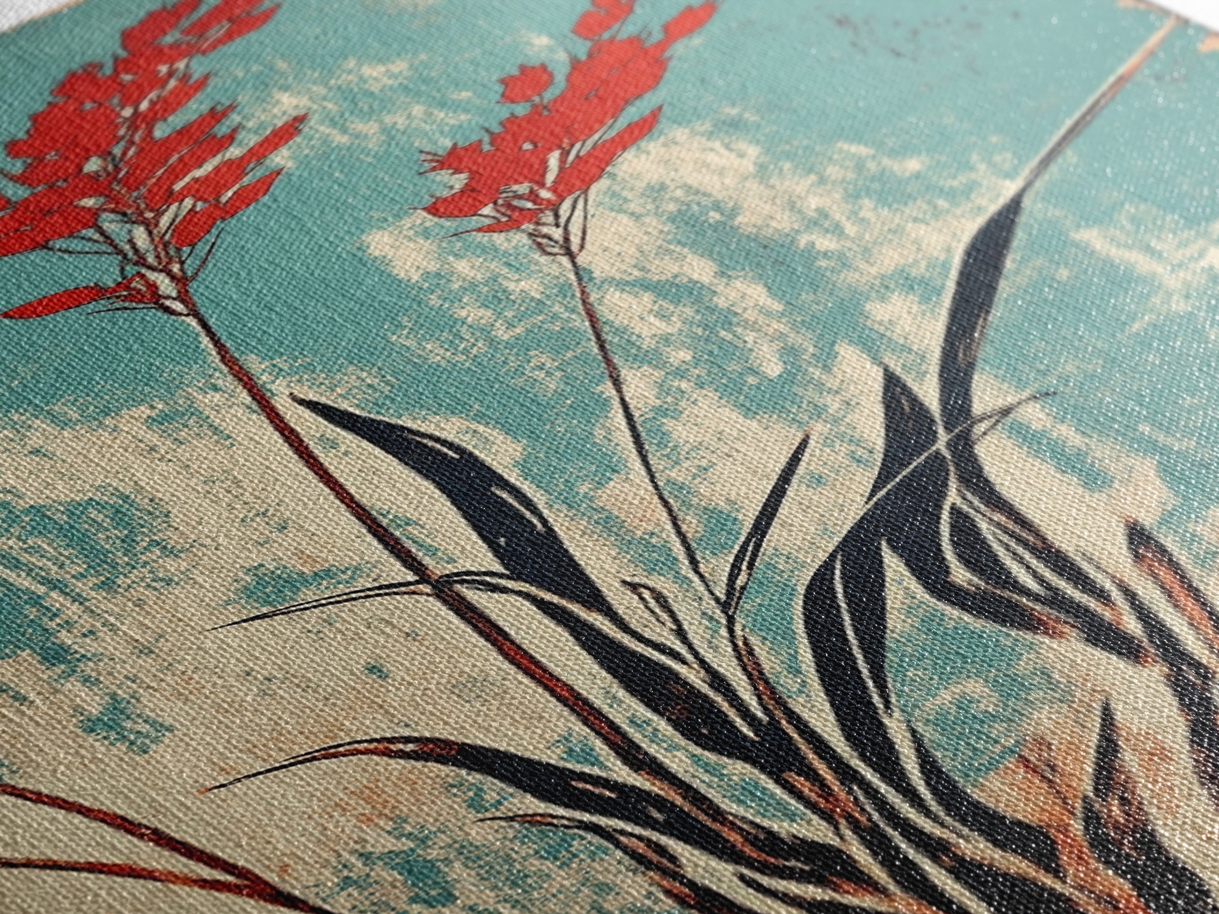 Red Coastal Grass Stems On Aqua Canvas Print, Japanese Botanical Wall Art, Minimalist Nature Decor, Modern Japandi Art Print
