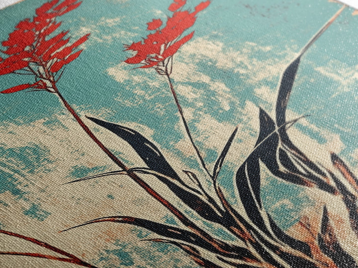 Red Coastal Grass Stems On Aqua Canvas Print, Japanese Botanical Wall Art, Minimalist Nature Decor, Modern Japandi Art Print