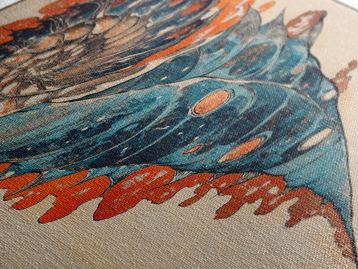 Blue Orange Spiral Seashell Wall Art, Japanese Woodblock Coastal Canvas Wall Decor, Nautical Ocean Print For Beach House