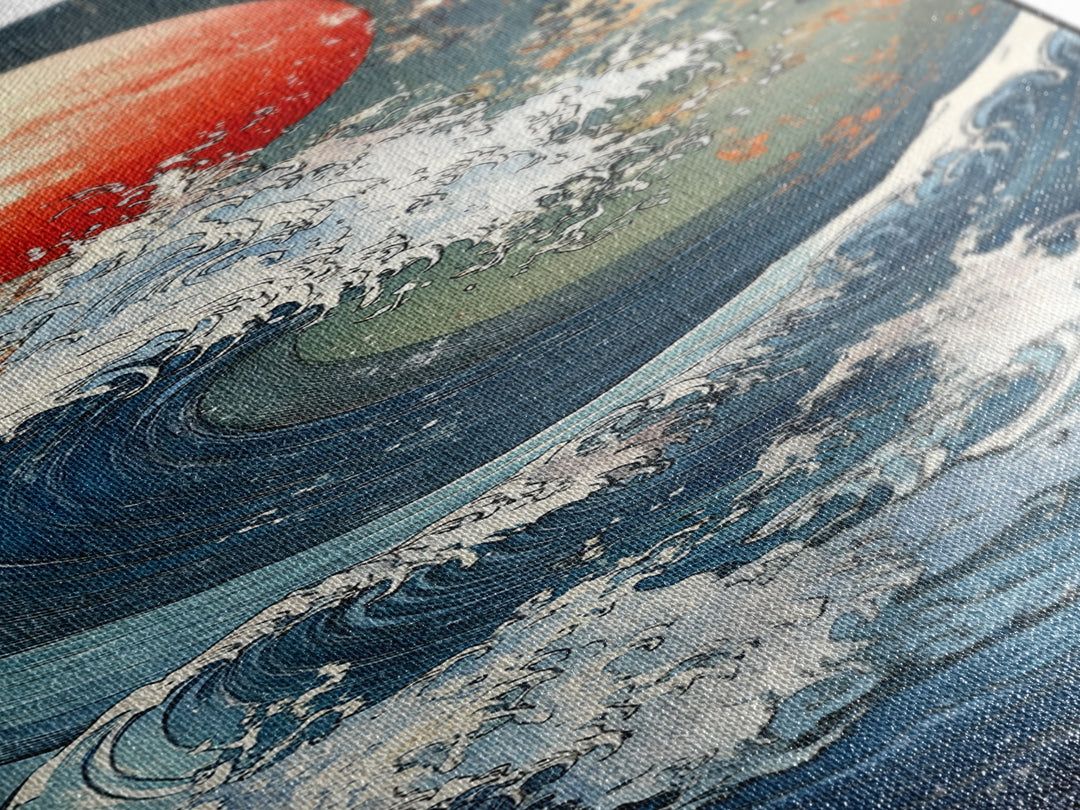 Great Wave With Red Sun Framed Canvas Print, Japanese Wall Art, Ocean Seascape, Nautical Decor, Bold Coastal Gift, Living Room Wall Decor