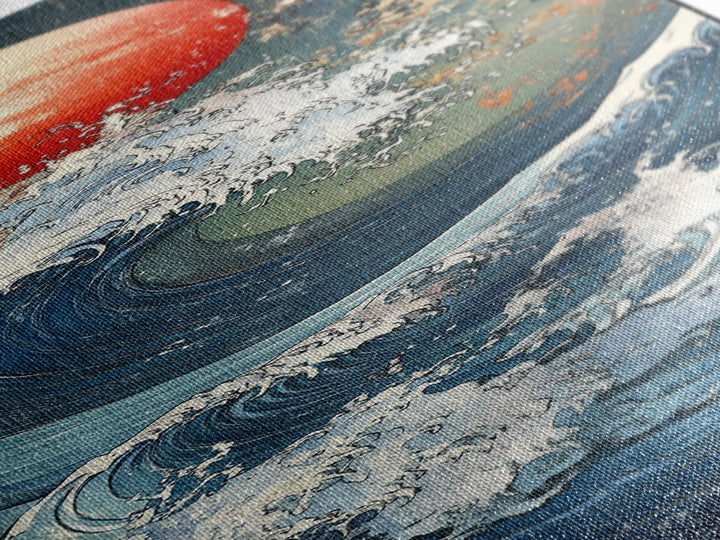 Great Wave With Red Sun Framed Canvas Print, Japanese Wall Art, Ocean Seascape, Nautical Decor, Bold Coastal Gift, Living Room Wall Decor