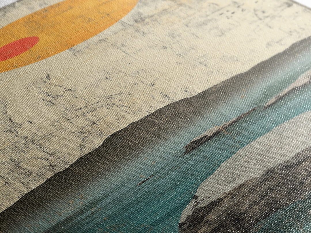 Minimal Ocean Rocks Beneath Yellow Sun Canvas Print, Japanese Seascape Wall Art, Neutral Coastal Decor, Zen Home Decor Gift