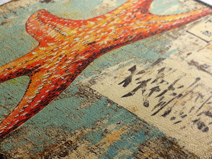 Orange Starfish On Weathered Japanese Wood Wall Art, Coastal Beach Decor, Nautical Ocean Print, Rustic Seaside Home Decor
