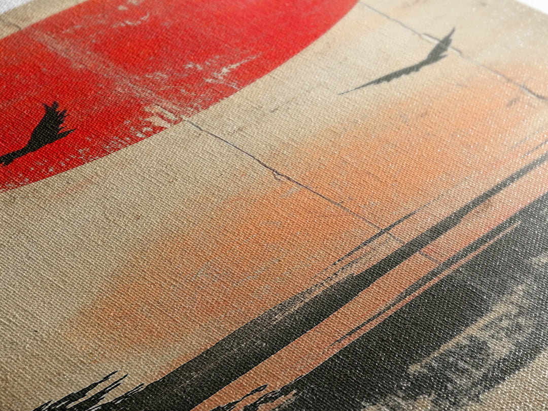 Red Sun And Birds Over Misty Lake Wall Art, Japanese Landscape Print, Minimalist Nature Decor, Serene Canvas Print, Home Decor