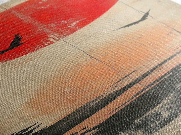Red Sun And Birds Over Misty Lake Wall Art, Japanese Landscape Print, Minimalist Nature Decor, Serene Canvas Print, Home Decor