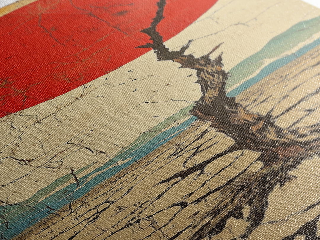 Red Sun Desert Tree Wall Art, Japanese Inspired Landscape Print, Rustic Wabi Sabi Decor, Long Narrow Canvas For Living Room