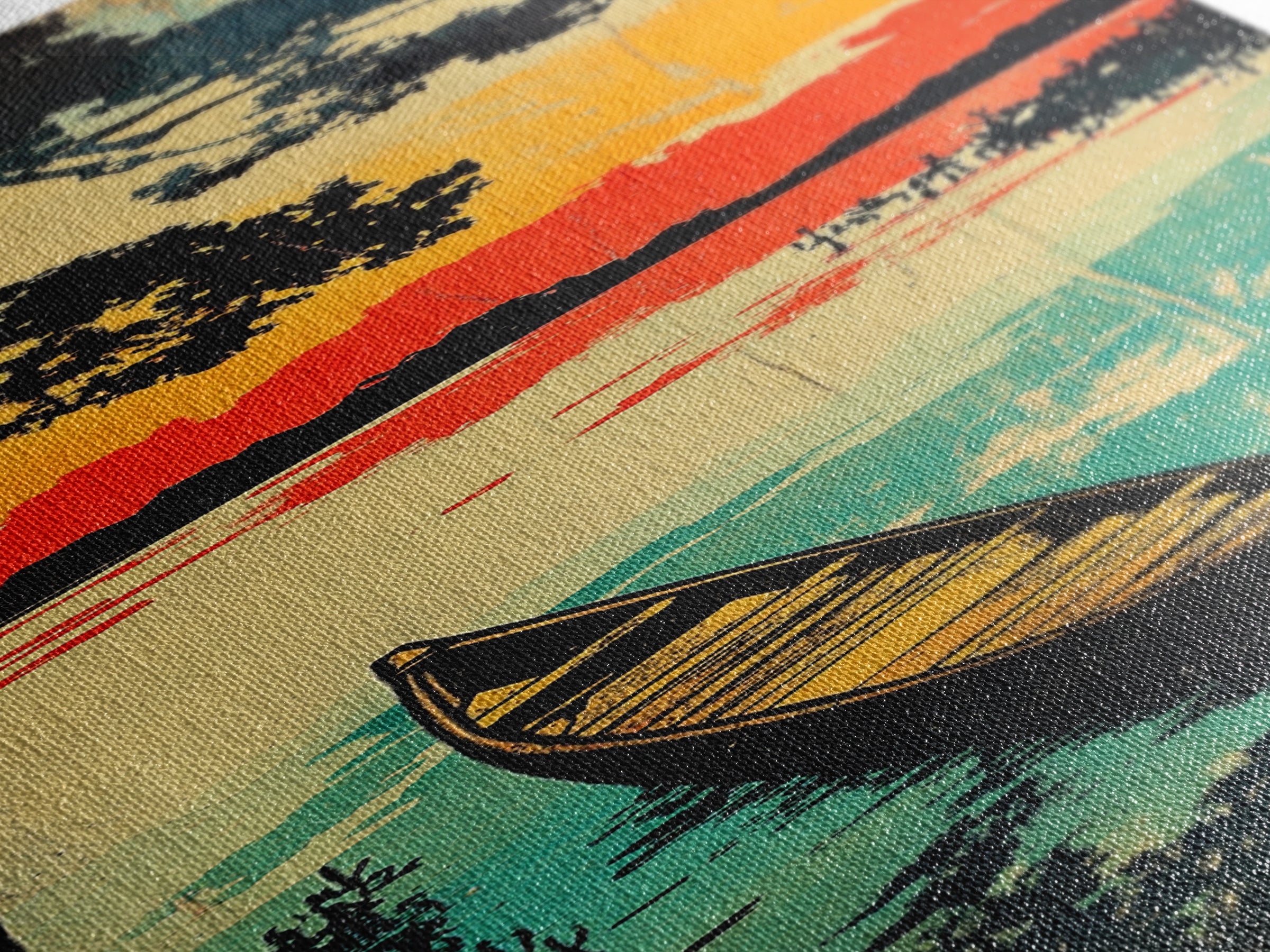 Canoe On Sunset Lake Wall Art, Japanese Landscape Canvas Print, Rustic Cabin Home Decor, Teal Water Long Vertical Art Print