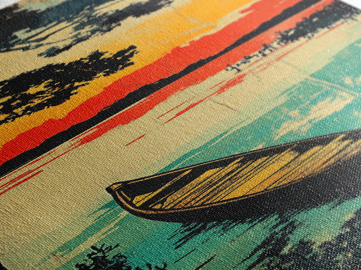 Canoe On Sunset Lake Wall Art, Japanese Landscape Canvas Print, Rustic Cabin Home Decor, Teal Water Long Vertical Art Print