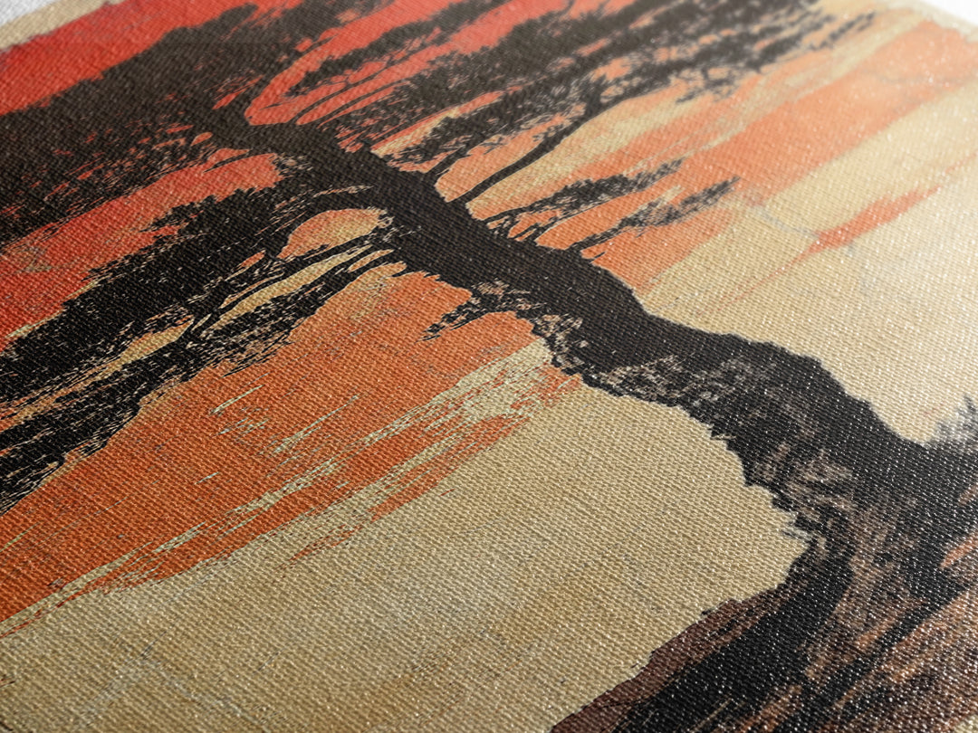 Lone Black Pine Tree At Red Sunset Canvas Print, Japanese Wall Art, Rustic Landscape Art, Long Narrow Nature Wall Decor Gift