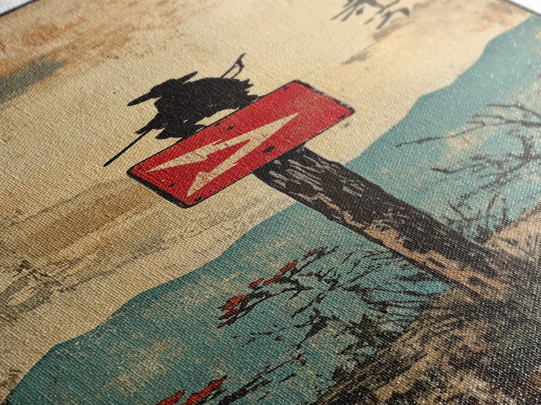 Samurai Silhouette On Mountain Signpost Wall Art, Japanese Landscape Print, Asian Inspired Decor, Long Narrow Home Decor Gift