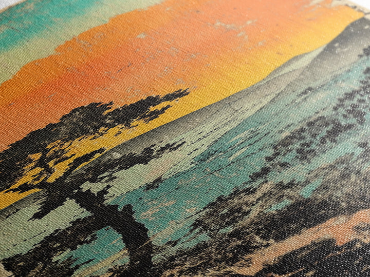 Orange Sunset Mountain Valley Canvas Print, Japanese Landscape Wall Art, Coastal Teal Nature Decor, Long Narrow Wall Decor