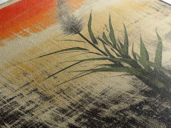 Tall Reed Grass With Red Sun Wall Art, Japanese Botanical Canvas Print, Minimal Nature Decor For Japandi Living Room Wall Decor