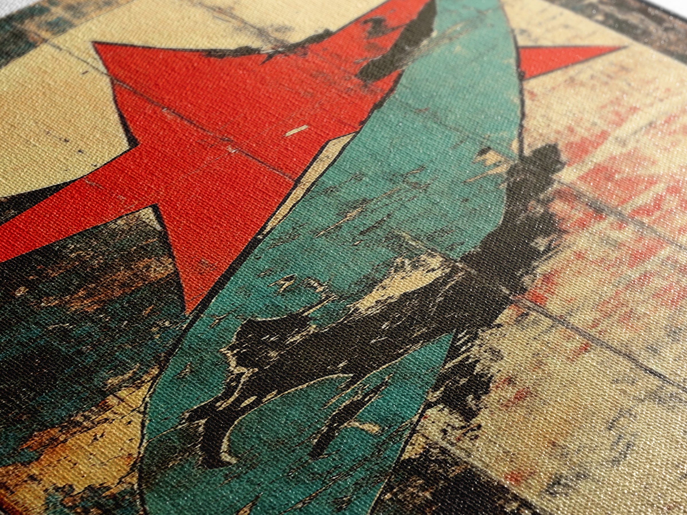 Red Star And Teal Rocket Abstract Canvas Print, Mid Century Modern Wall Art, Retro Futuristic Art, Bold Office Decor, Home Decor