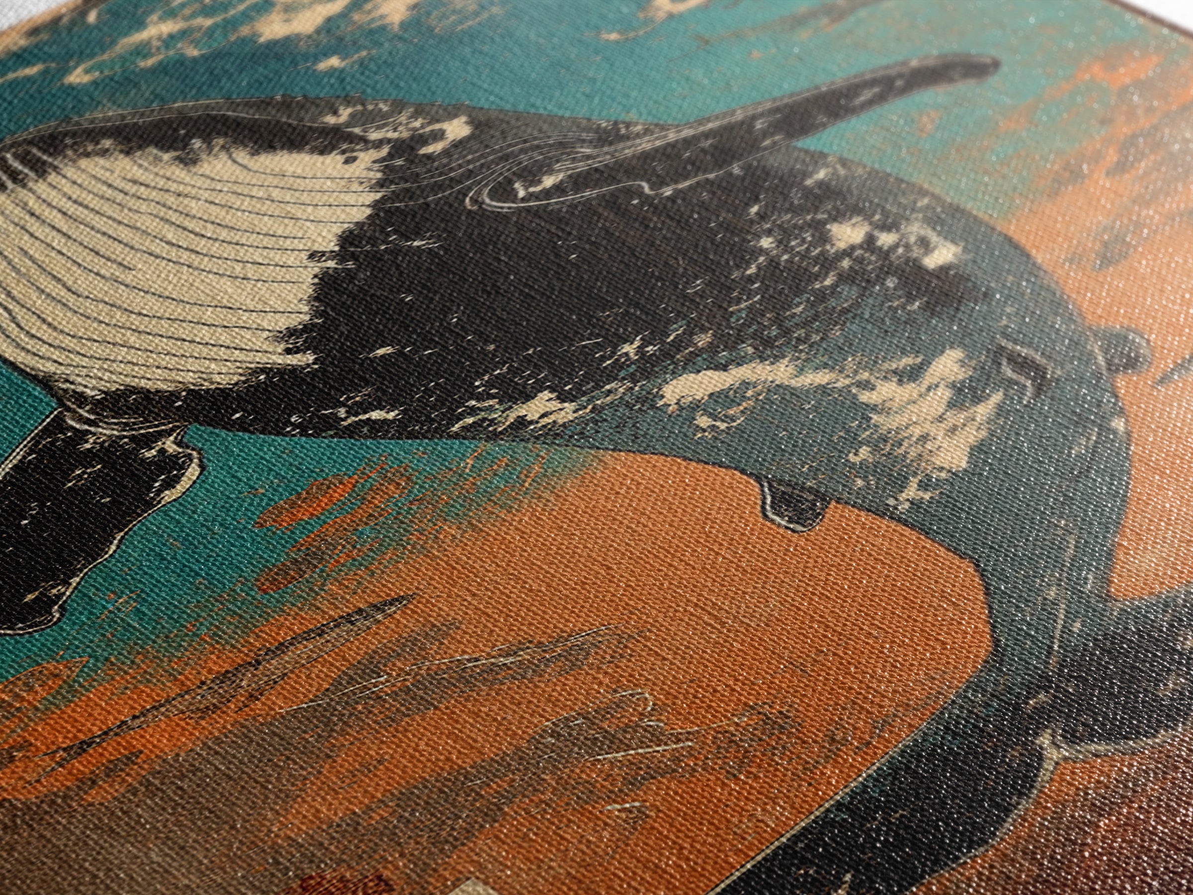 Humpback Whale Rising Through Teal Waves Wall Art, Japanese Woodblock Style, Ocean Wall Art, Marine Life Art, Coastal Decor