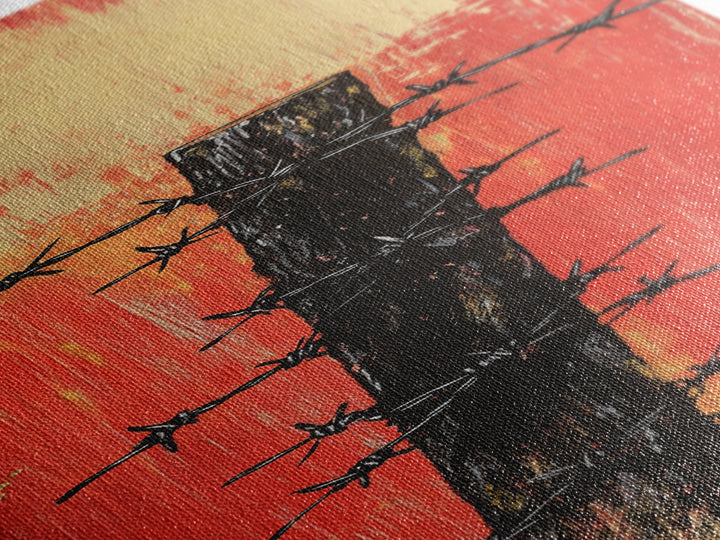 Barbed Wire Fence Post Wall Art, Rustic Western Print, Red Distressed Farmhouse Decor For Man Cave Or Modern Entryway Gift