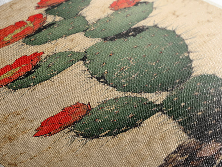 Prickly Pear Cactus With Red Flowers Canvas Print, Desert Wall Art, Southwestern Botanical Decor, Boho Home Decor, Living Room Decor