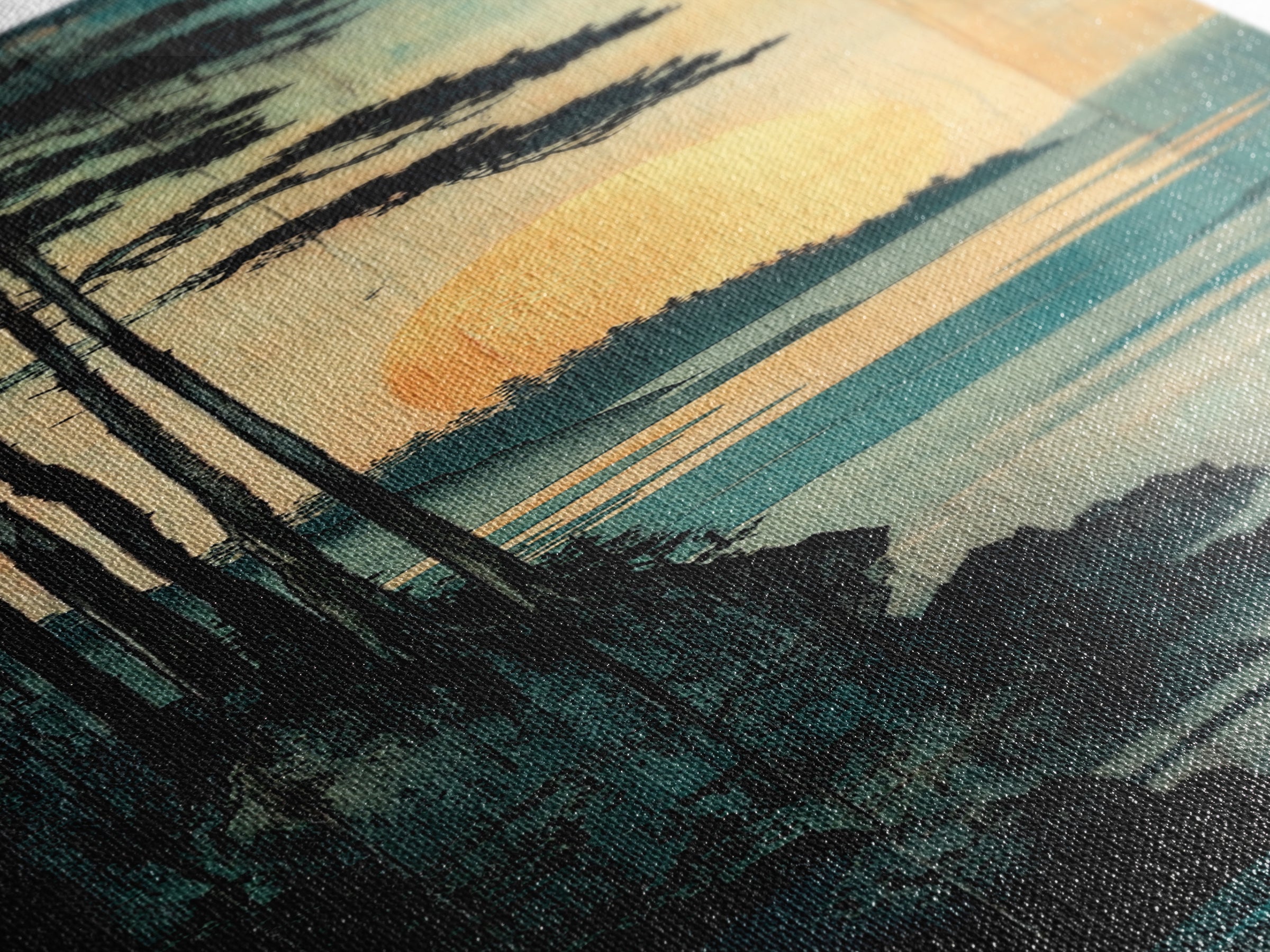 Golden Sun Forest Coast Wall Art, Japanese Landscape Print, Teal Nature Decor, Long Vertical Canvas For Bedroom Or Living Room