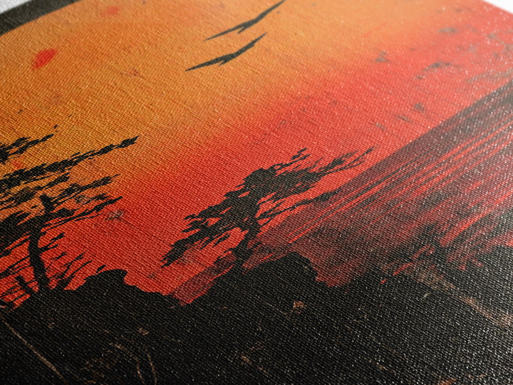 Orange Sunset Lake Silhouette Wall Art, Moody Nature Landscape Print, Rustic Cabin Decor, Long Vertical Canvas For Bedroom