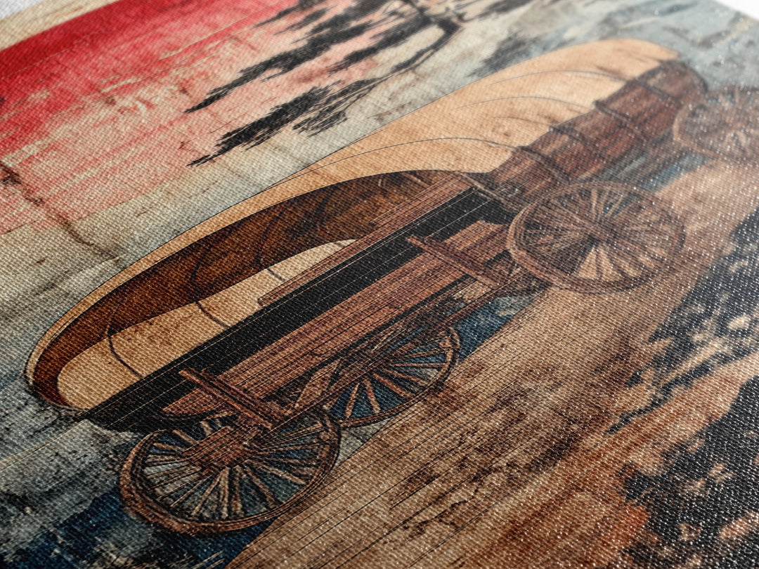 Covered Wagon Under Red Sun Canvas Print, Rustic Western Wall Art For Farmhouse Decor, Cowboy Decor And Housewarming Gift
