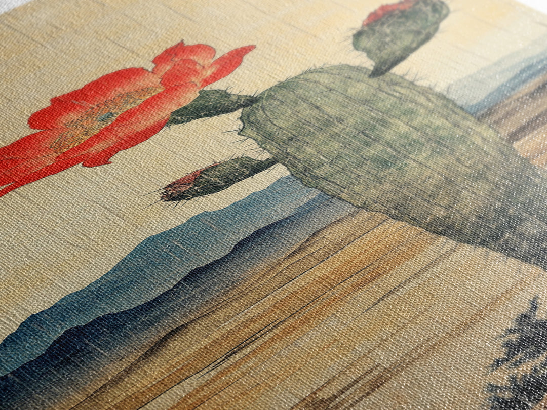 Blooming Cactus With Red Flower In Desert Landscape Framed Canvas Print, Southwestern Wall Art, Rustic Home Decor, Desert Decor