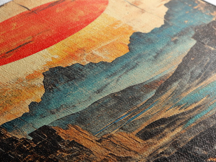 Red Sun Over Blue Mountain Valley And Winding River Wall Art, Japanese Landscape Print, Asian Decor, Statement Artwork, Home Decor