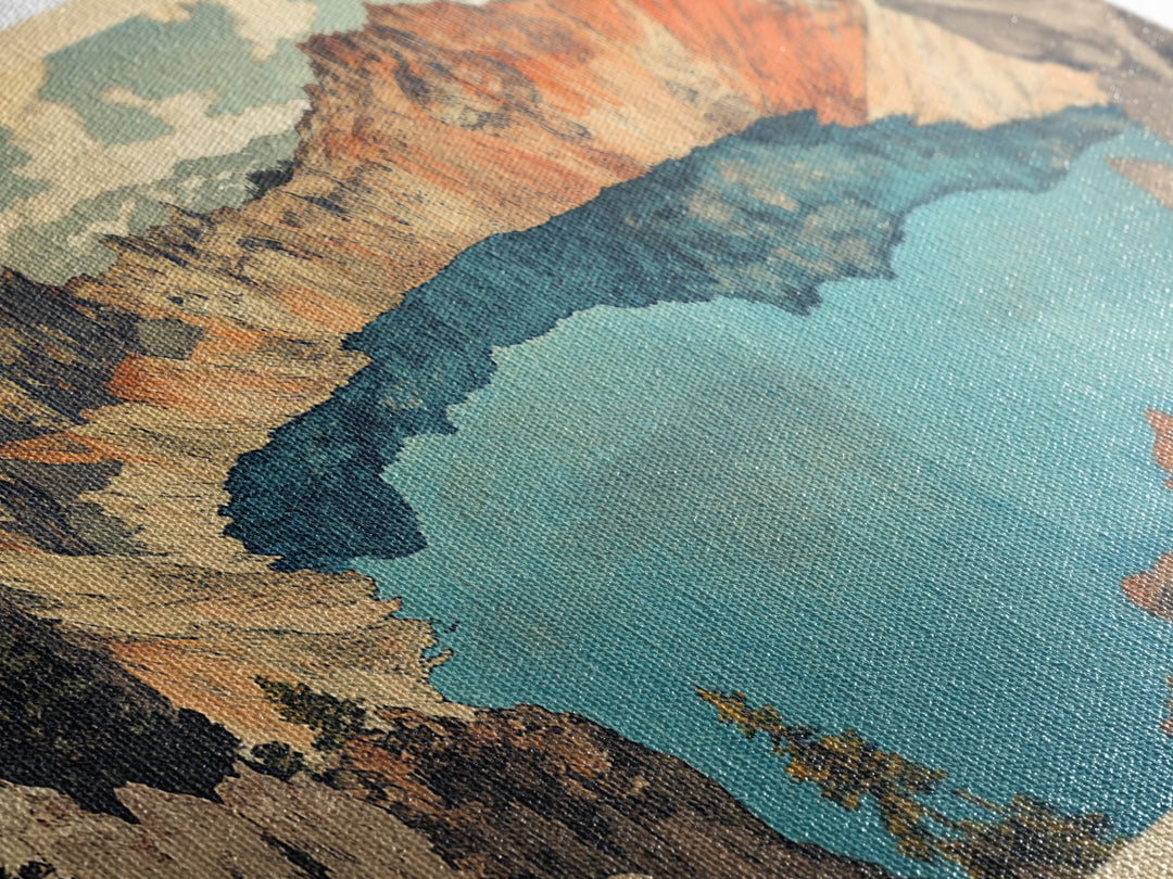 Turquoise Crater Lake And Rugged Mountain Wall Art, Japanese Landscape Print, Panoramic Canvas Art, Nature Home Decor, Large Wall Decor