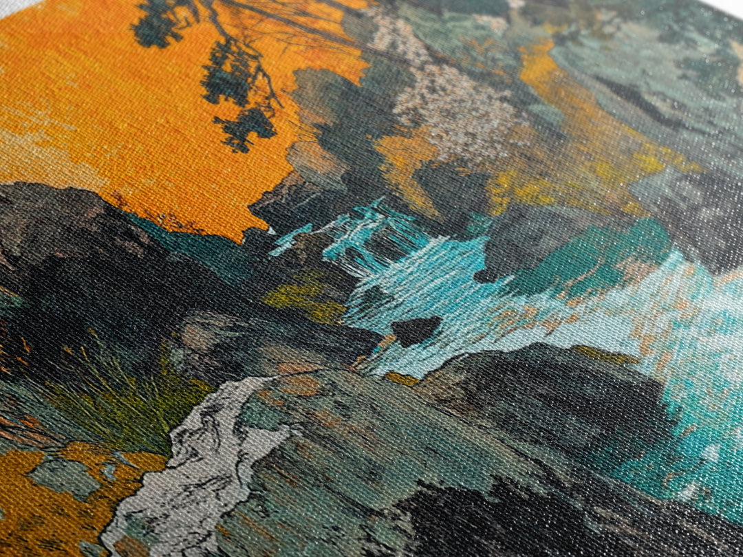 Turquoise River Through Rocky Forest Canyon Wall Art, Japanese Landscape Print, Orange Sunset Decor, Nature Canvas Art, Living Room Decor
