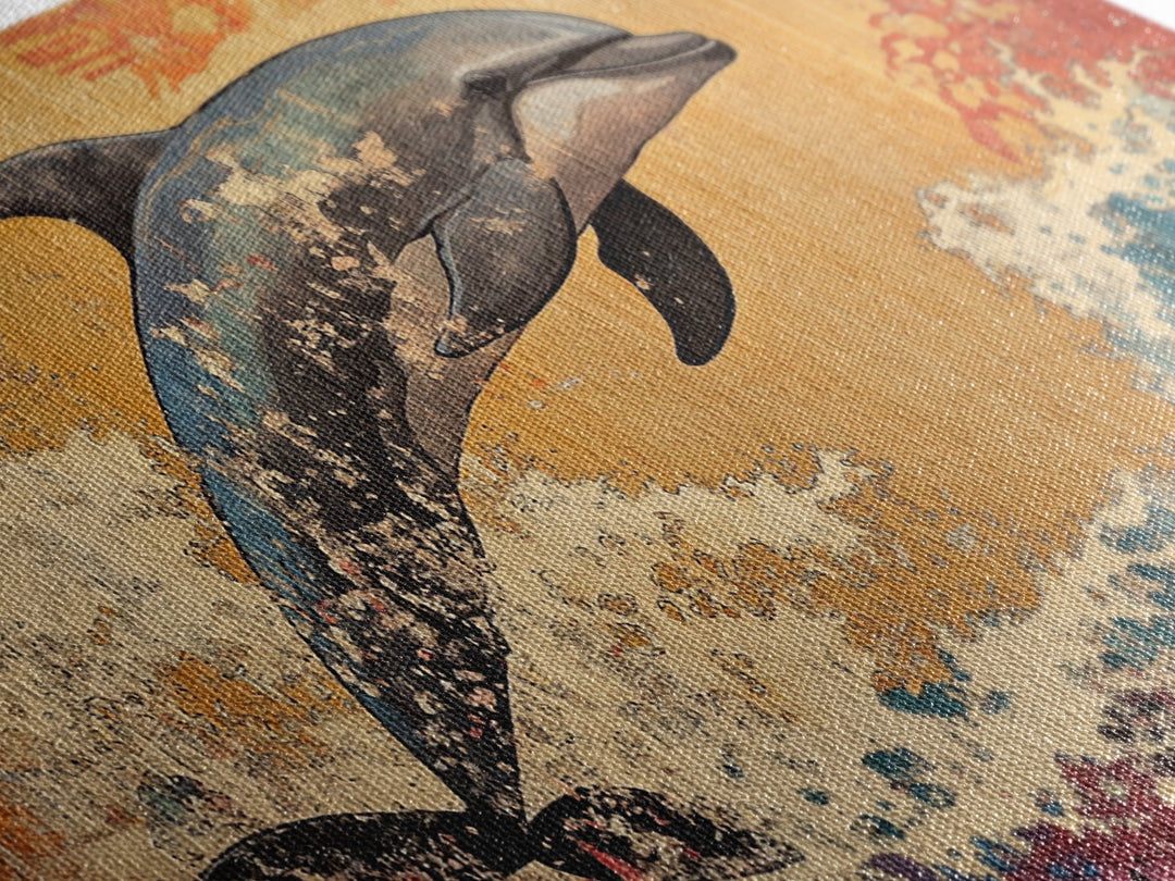 Dolphin Leaping Over Ukiyo E Wave Canvas Print, Japanese Ocean Wall Art, Coastal Nursery Decor, Sea Life Home Decor, Gift For Her