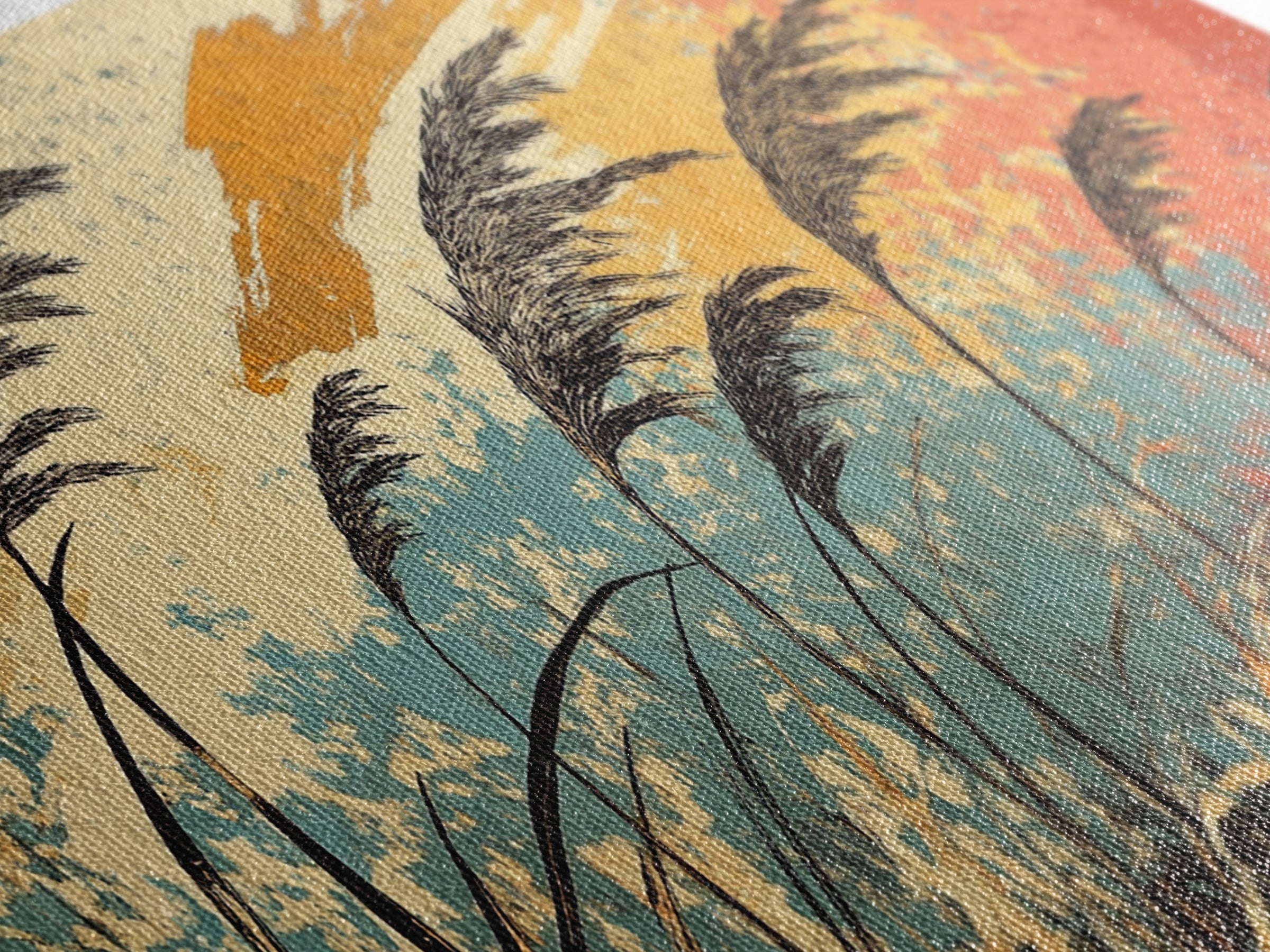 Windblown Reeds In Teal And Rust Wall Art, Japanese Inspired Abstract Landscape, Boho Living Room Decor, Large Canvas Print