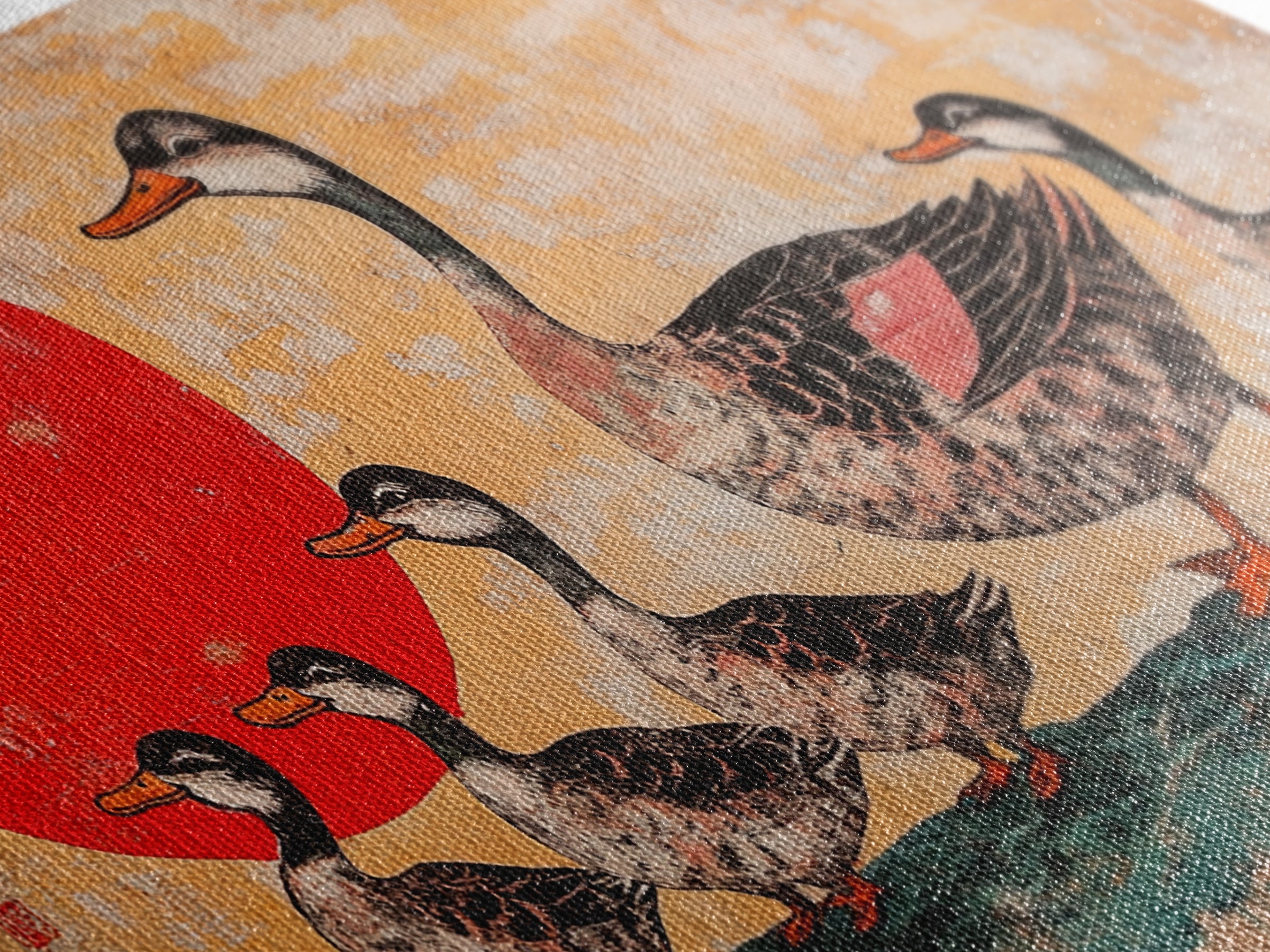 Mallard Duck Family With Red Sun Wall Art, Japanese Bird Art Print, Whimsical Animal Decor, Nursery Or Kitchen Canvas Print