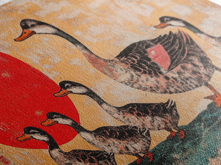 Mallard Duck Family With Red Sun Wall Art, Japanese Bird Art Print, Whimsical Animal Decor, Nursery Or Kitchen Canvas Print