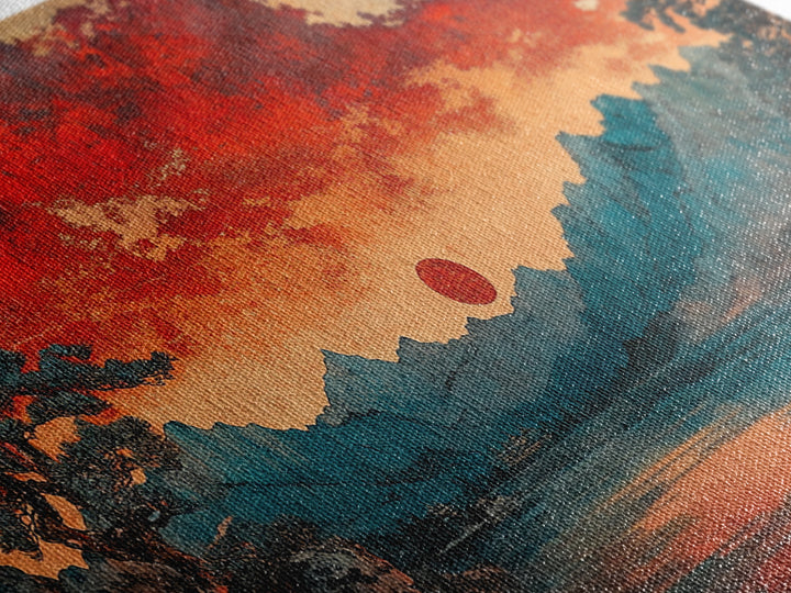 Red Sun Mountain Lake Wall Art, Japanese Landscape Print, Moody Sunset Canvas, Asian Inspired Living Room Home Decor