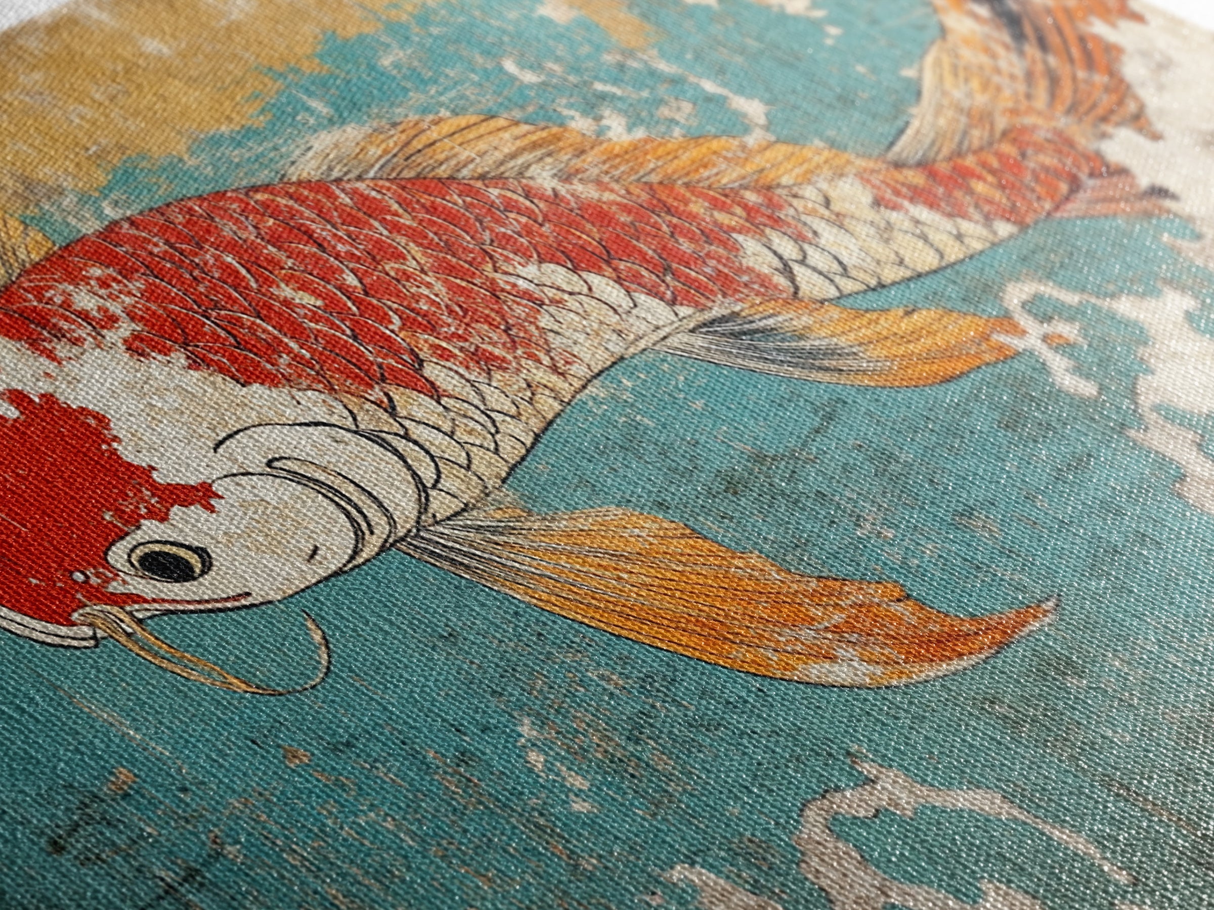 Red Koi Fish In Turquoise Waves Canvas Print, Japanese Wall Art, Coastal Decor, Nautical Home Decor, Large Living Room Art