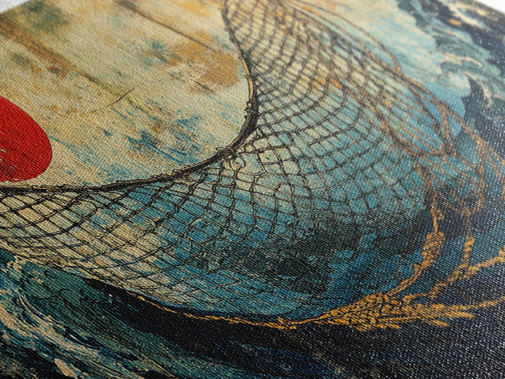 Fishing Net Over Stormy Blue Waves Canvas Print, Japanese Seascape Wall Art, Nautical Decor, Coastal Living Room Art
