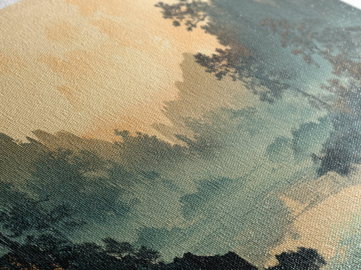 Misty River Valley Sunrise Wall Art, Japanese Landscape Print, Zen Home Decor, Panoramic Canvas For Living Room, Nature Wall Decor Gift
