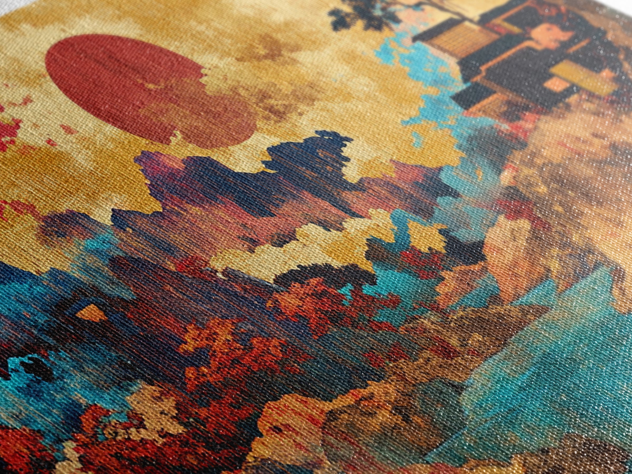 Red Sun Mountain River Wall Art, Japanese Landscape Canvas, Asian Inspired Decor, Panoramic Print, Living Room Decor, Modern Home Decor