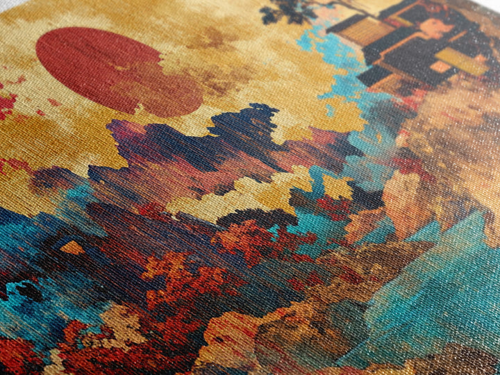 Red Sun Mountain River Wall Art, Japanese Landscape Canvas, Asian Inspired Decor, Panoramic Print, Living Room Decor, Modern Home Decor