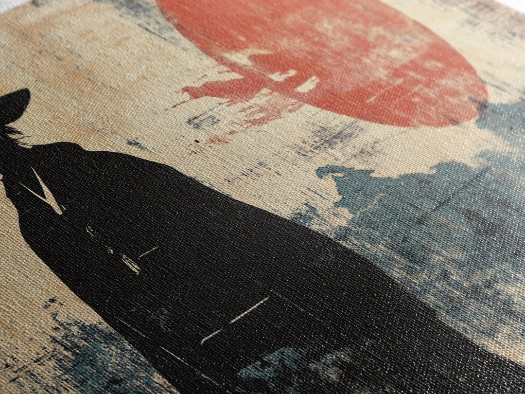 Samurai Silhouette Red Sun Wall Art, Japanese Warrior Print, Asian Inspired Decor, Masculine Office Wall Decor, Home Decor