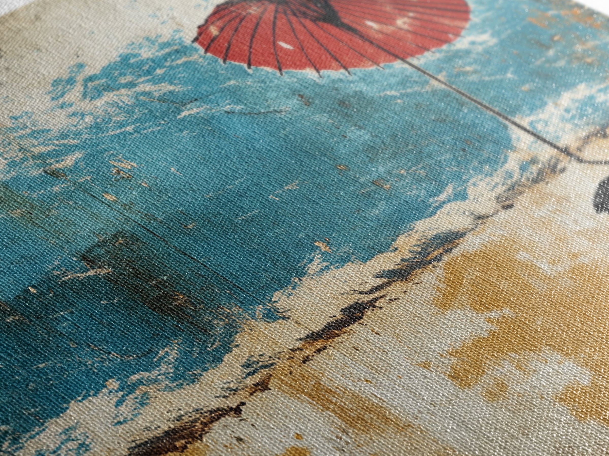 Red Beach Umbrella By Turquoise Waves Wall Art, Japanese Coastal Canvas Print, Beach House Decor, Ocean Wall Decor Gift For Her