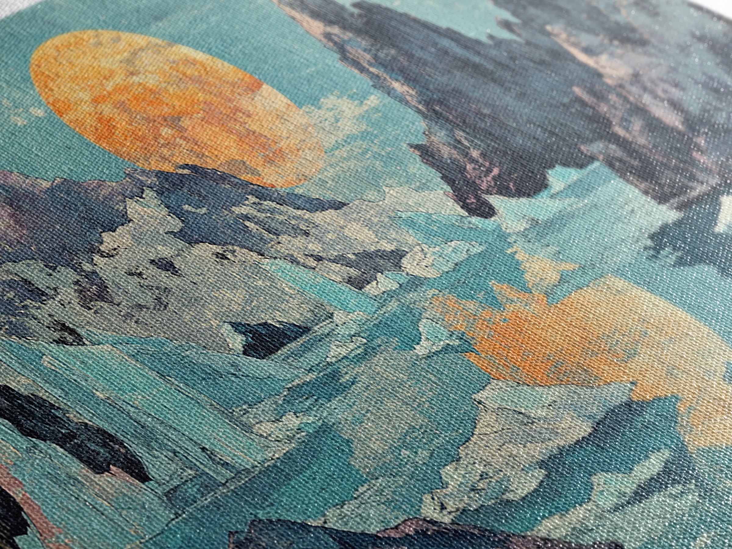 Orange Sun Over Icy Mountain Lake Wall Art, Abstract Landscape Canvas Print, Japandi Coastal Decor, Large Living Room Art